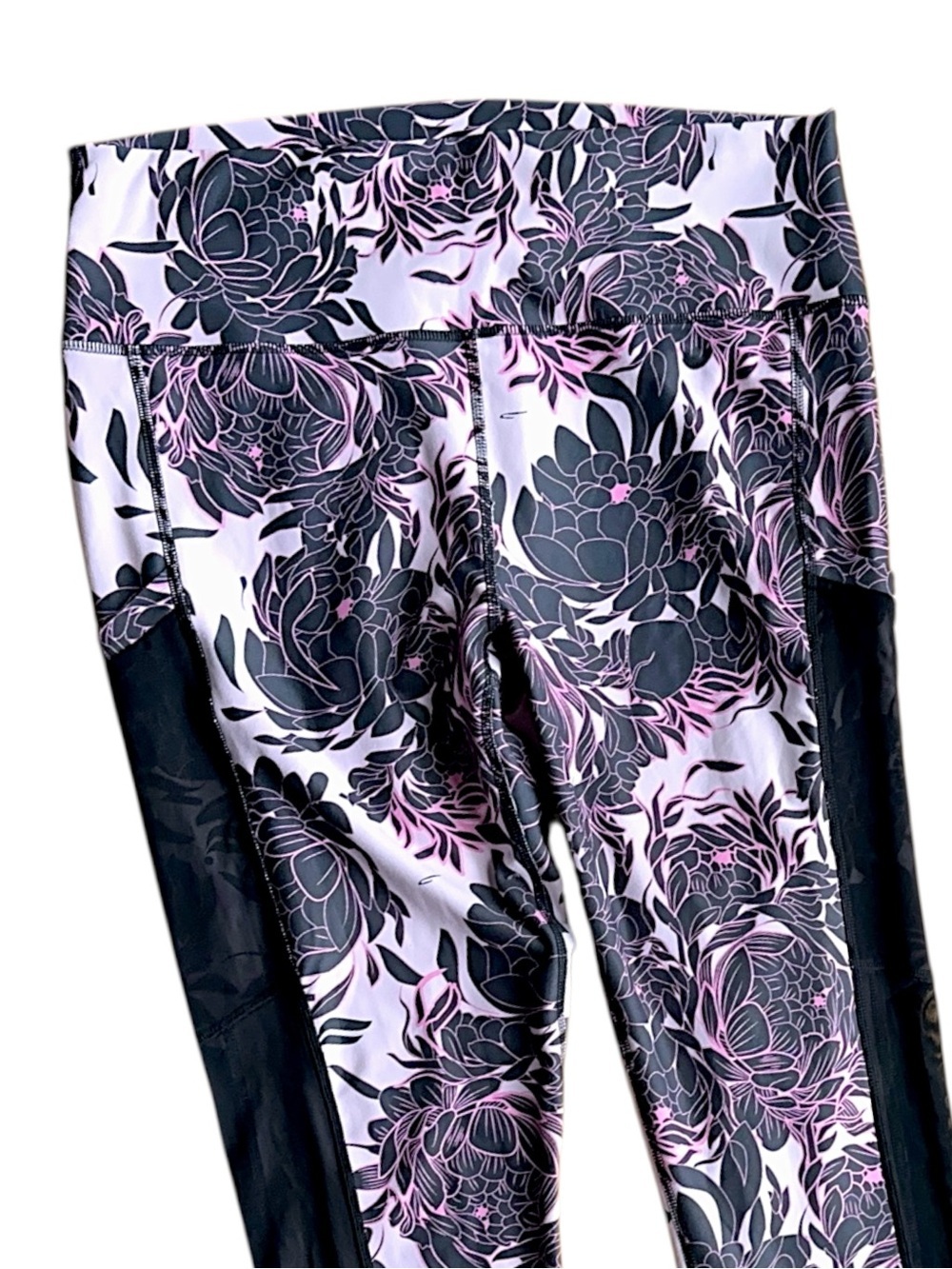 GURU ACTIVE NWOT FLORAL LEGGING PINK & BLACK SIDE & INTERIOR POCKETS | LARGE - Picture 3 of 11